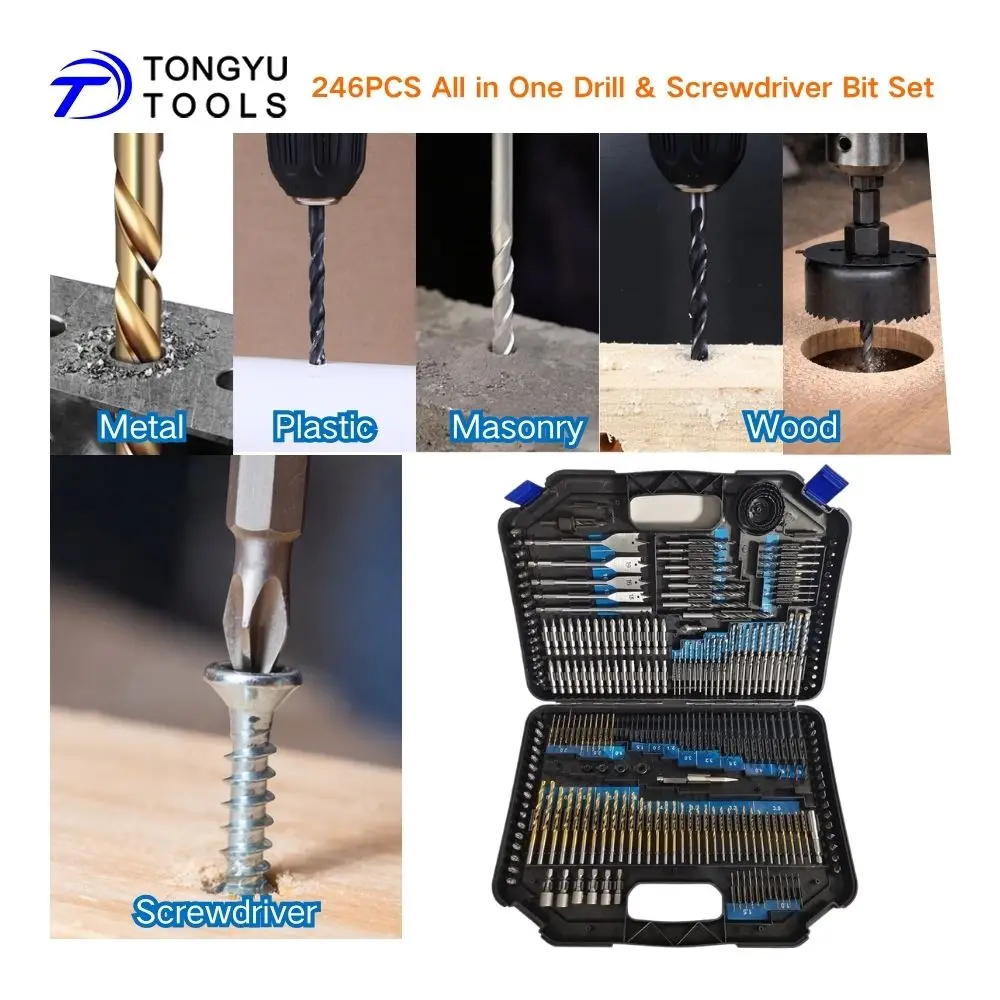 246 Pcs Drill and Driver Bit Set HSS Twist Drill Bits Masonry Bits Hole Saws for Wood Metal Masonry
246 Pcs Drill and Driver Bit Set HSS Twist Drill Bits Masonry Bits Hole Saws for Wood Metal Masonry