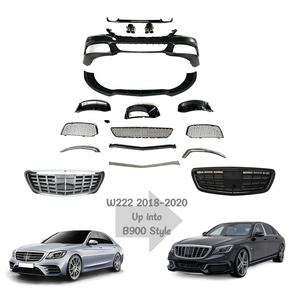 For W222 B900 Style Body Kit 2018-2020 Full Set Front Bumper Grille Rear Diffuser Exhaust Tip PP Plastic
For W222 B900 Style Body Kit 2018-2020 Full Set Front Bumper Grille Rear Diffuser Exhaust Tip PP Plastic