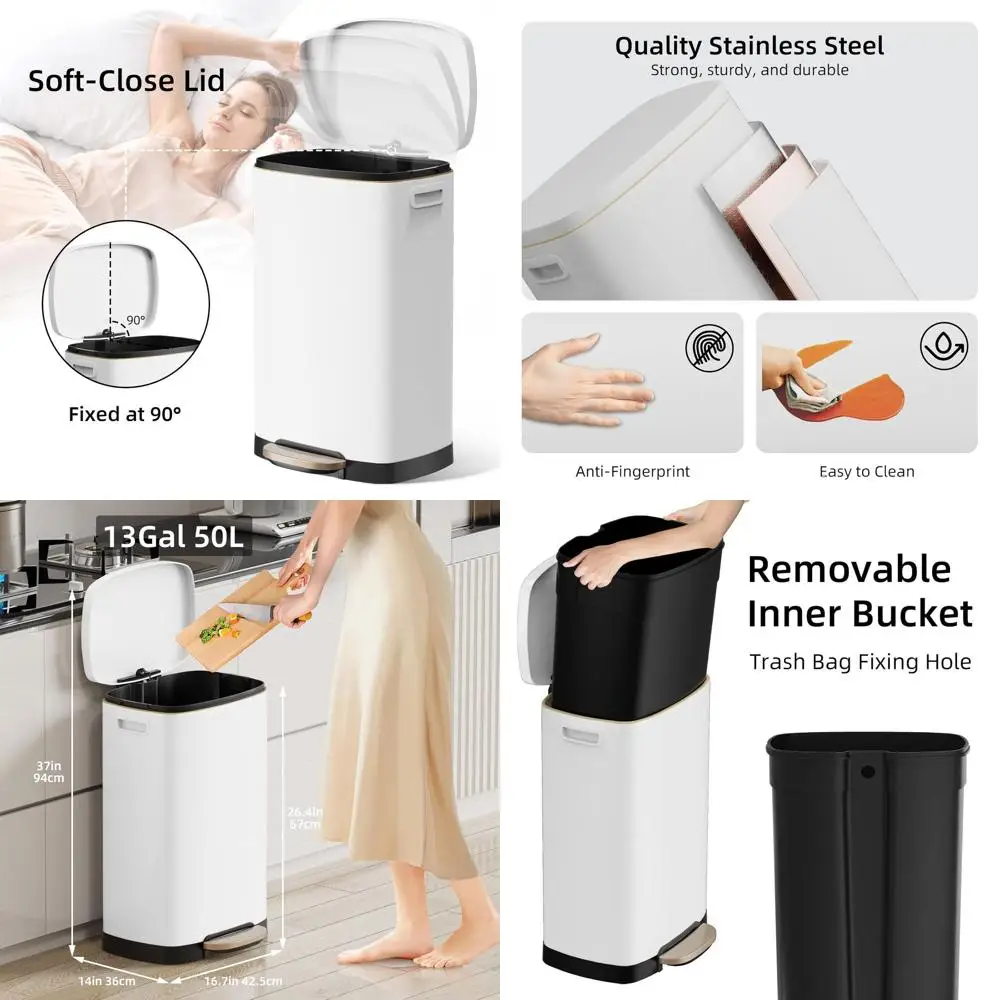 13 Gallon Kitchen Trash Bin with Lid, 50L Capacity, Stainless Steel and White, Suitable for Home, Kitchen, Laundry
13 Gallon Kitchen Trash Bin with Lid, 50L Capacity, Stainless Steel and White, Suitable for Home, Kitchen, Laundry