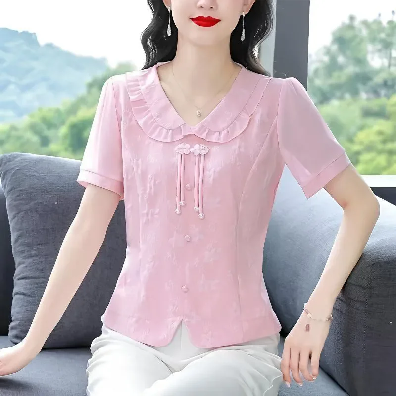 New Chinese Sle ort Sve Baby Doll Collar irt Women Summer Faionable Chiffon Top Button Detail Korean Loose Fit
New Chinese Sle ort Sve Baby Doll Collar irt Women Summer Faionable Chiffon Top Button Detail Korean Loose Fit