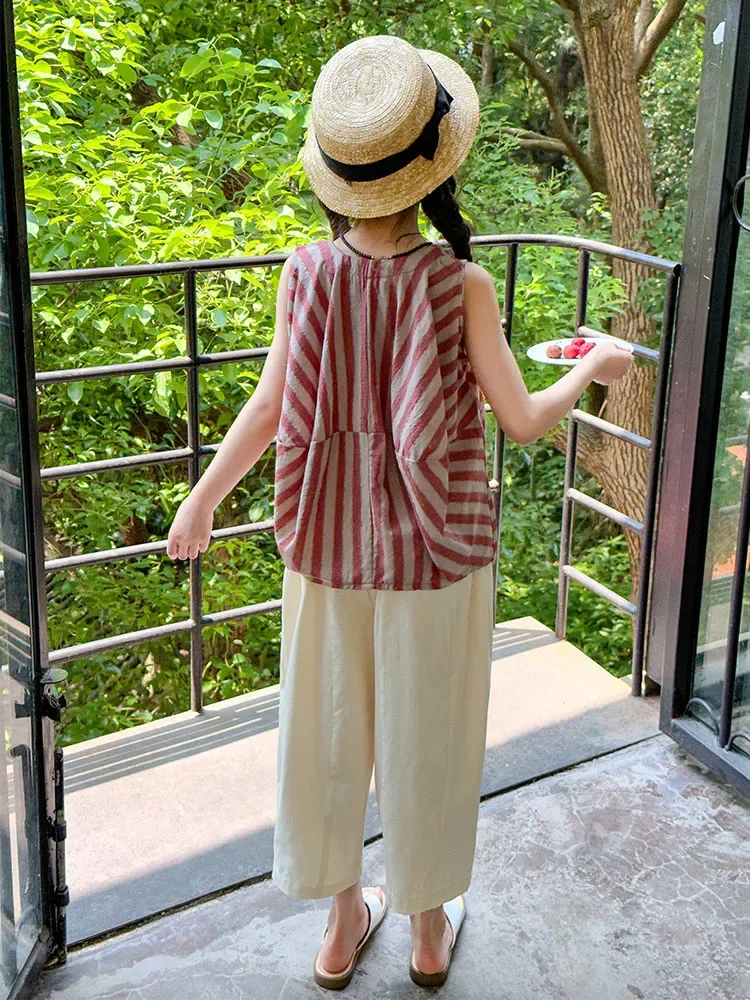 Girls Cotton Linen Svel Set Casual Stripe Vest And Nine Point Pants Summer Outfit for Kids Age 5 to 4 Years Old
Girls Cotton Linen Svel Set Casual Stripe Vest And Nine Point Pants Summer Outfit for Kids Age 5 to 4 Years Old