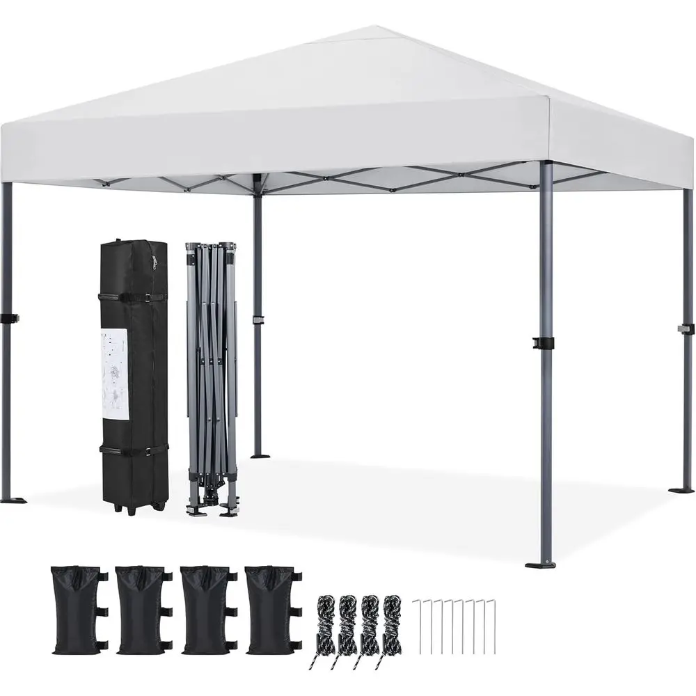 10x10 Single Person Quick Setup Portable Outdoor Gazebo with Push Button, Wheeled Bag and 4 Sandbags, Silver-Tone White
10x10 Single Person Quick Setup Portable Outdoor Gazebo with Push Button, Wheeled Bag and 4 Sandbags, Silver-Tone White