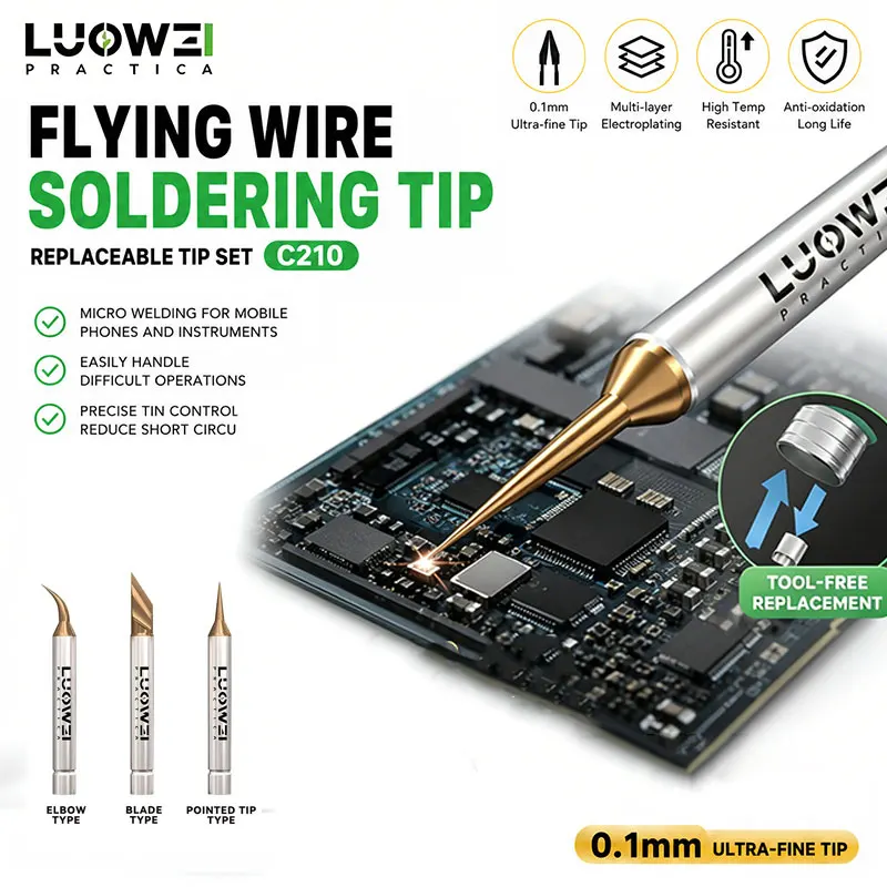 LUOWEI C210 Fly Wire Soldering Tips 10Pcs Kit Multi-Layer Plating Fast Heating for Precision Phone Motherboard Repair Work
LUOWEI C210 Fly Wire Soldering Tips 10Pcs Kit Multi-Layer Plating Fast Heating for Precision Phone Motherboard Repair Work