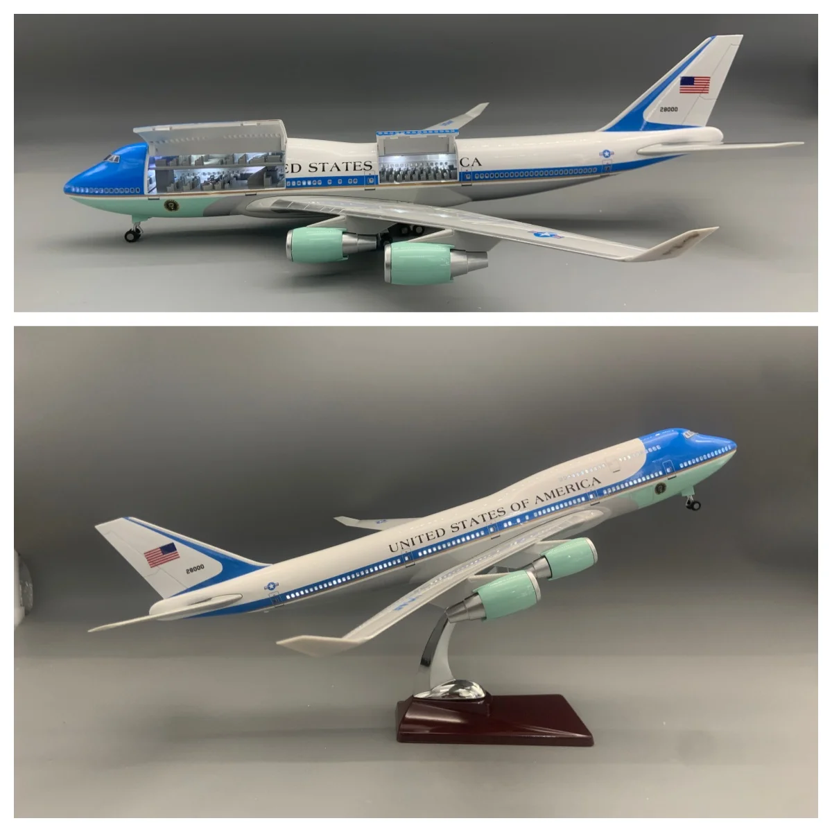 Модель самолета Air Force One B747 в масштабе 1:150, 18,5 дюймов, из смолы, со светящимся шасси и открывающимися люками
Модель самолета Air Force One B747 в масштабе 1:150, 18,5 дюймов, из смолы, со светящимся шасси и открывающимися люками