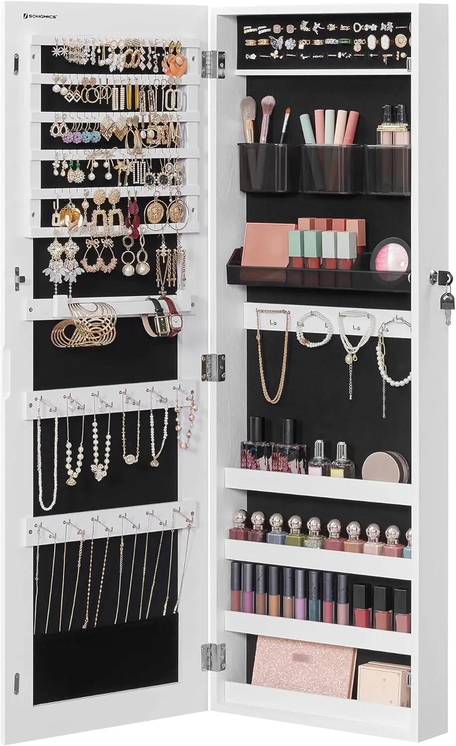 Lockable Jewelry Cabinet with Mirror, Cosmetic Trays, Wall-Mounted Organizer for Storage and Gifts
Lockable Jewelry Cabinet with Mirror, Cosmetic Trays, Wall-Mounted Organizer for Storage and Gifts