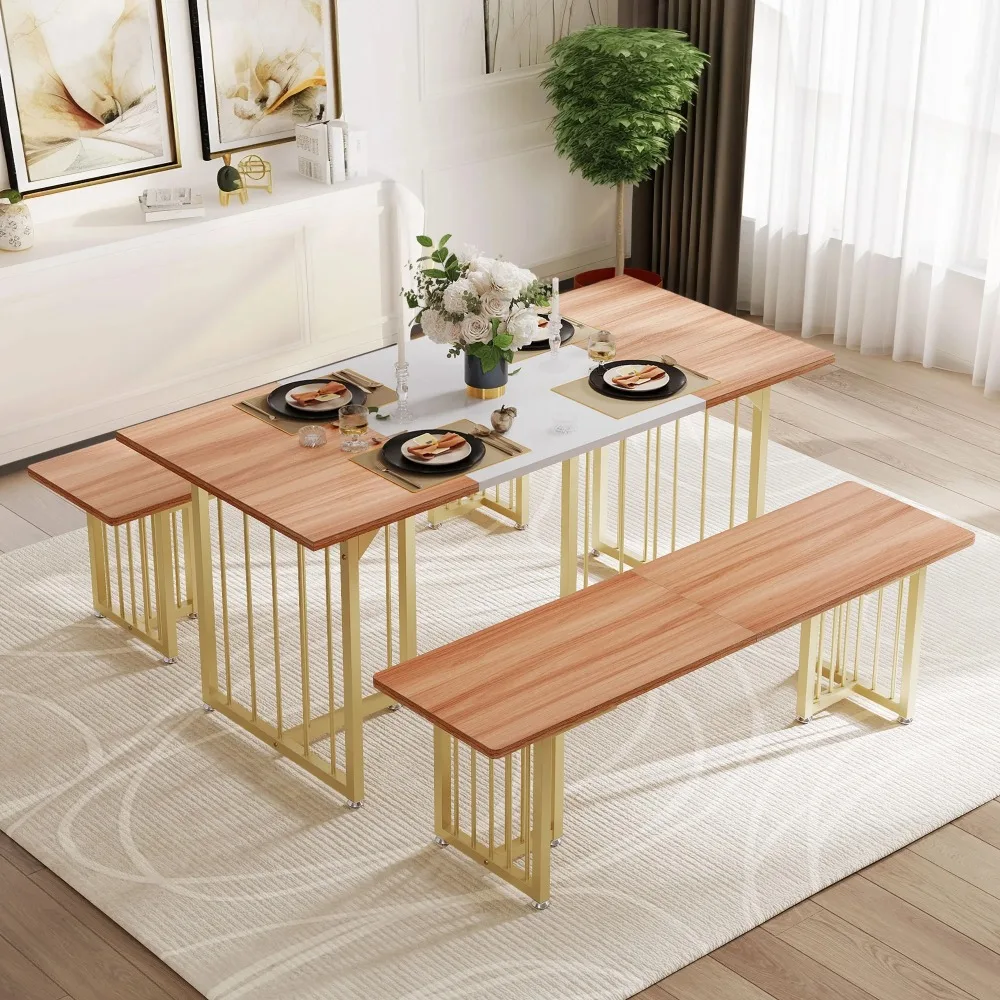 3-Piece Dining Table Set for 4-8 People, Modern Kitchen Table Set with 2 Dining Bench and 63"Dining Table with Gold Metal Frame
3-Piece Dining Table Set for 4-8 People, Modern Kitchen Table Set with 2 Dining Bench and 63"Dining Table with Gold Metal Frame