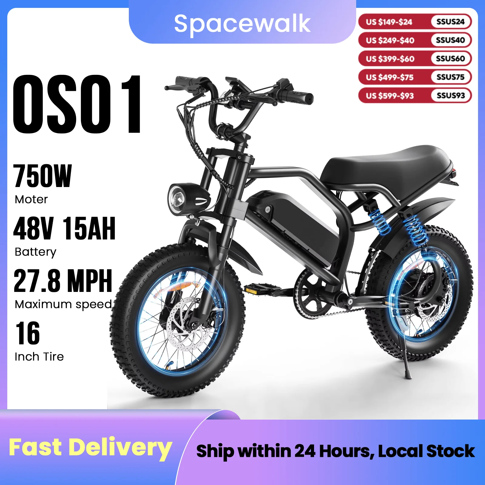 Spacewalk 1500W Electric Dirt Bike for Adults & Teens – 16" x 3.0 Fat Tire Electric Bike,48V 15Ah Battery,5 PAS Electric Bicycle
Spacewalk 1500W Electric Dirt Bike for Adults & Teens – 16" x 3.0 Fat Tire Electric Bike,48V 15Ah Battery,5 PAS Electric Bicycle