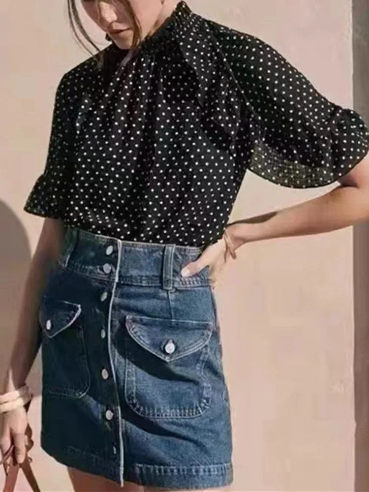 Clearance Price Women Black Dot Printing Blouse Ruffles Retro Short Sleeve Lace-Up Shirt Tops
Clearance Price Women Black Dot Printing Blouse Ruffles Retro Short Sleeve Lace-Up Shirt Tops