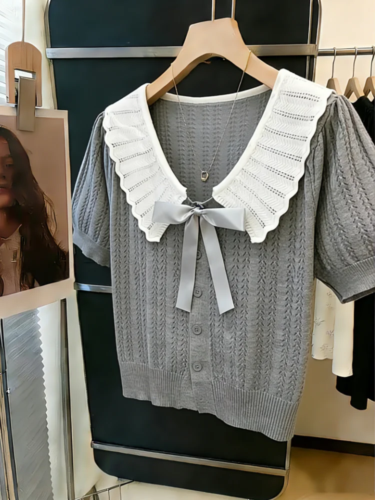 Korean Style Short Sleeve Knitted Shirt Women's Doll Collar Knot Top Self-kept Recommended Color Block Summer New G...
Korean Style Short Sleeve Knitted Shirt Women's Doll Collar Knot Top Self-kept Recommended Color Block Summer New G...