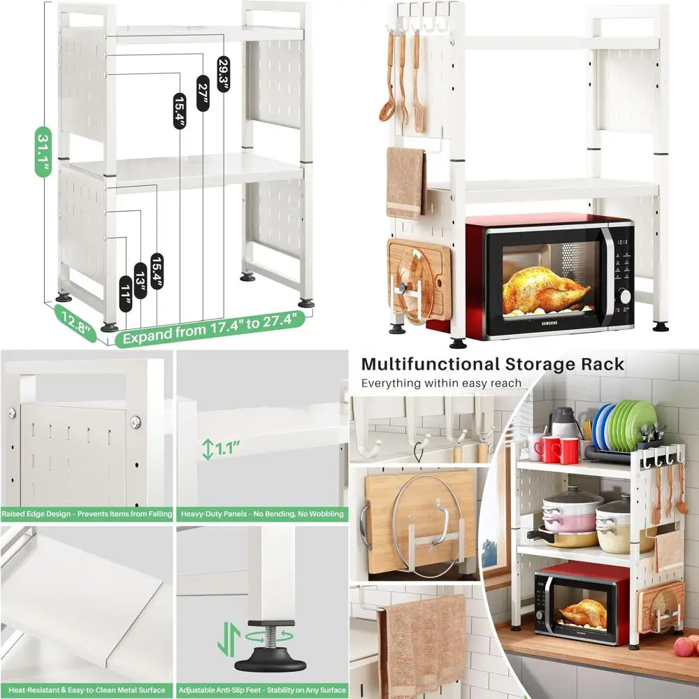 Expandable 3-Tier Microwave Stand with Adjustable Shelf and 9 Hooks, White Kitchen Storage Organizer
Expandable 3-Tier Microwave Stand with Adjustable Shelf and 9 Hooks, White Kitchen Storage Organizer