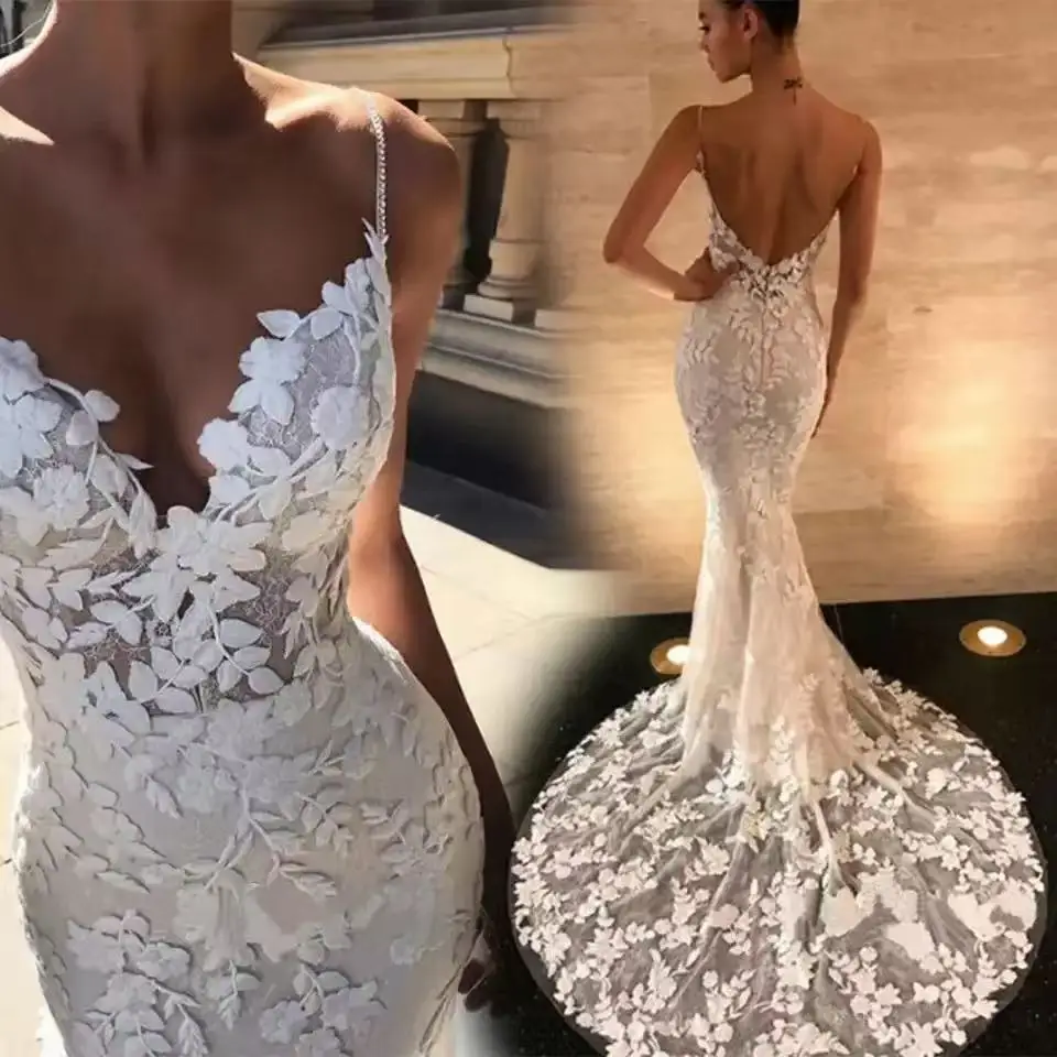Customized Spaghetti Straps Lace Wedding Dresses Mermaid Bridal Dress Appliques Beach Bride Gowns Vestido De Noiva
Customized Spaghetti Straps Lace Wedding Dresses Mermaid Bridal Dress Appliques Beach Bride Gowns Vestido De Noiva