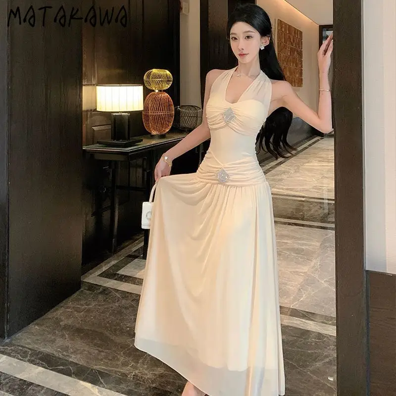 Matakawa Beach Style Long Dresses Halter Solid Spring Summer Elegant Vestidos Mujer Korean Fashion V Neck Vintage Women Dress
Matakawa Beach Style Long Dresses Halter Solid Spring Summer Elegant Vestidos Mujer Korean Fashion V Neck Vintage Women Dress