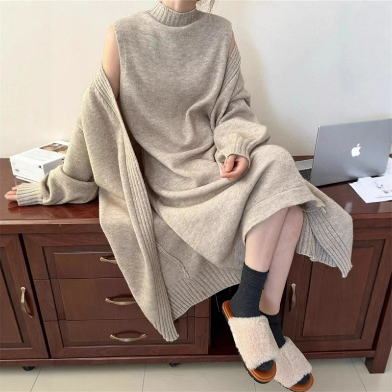 Two Piece Dress Sets Women Long Cardigan Knit Sweater Coat Turtleneck Dresses Straight Casual Suits Solid Autumn Winter
Two Piece Dress Sets Women Long Cardigan Knit Sweater Coat Turtleneck Dresses Straight Casual Suits Solid Autumn Winter