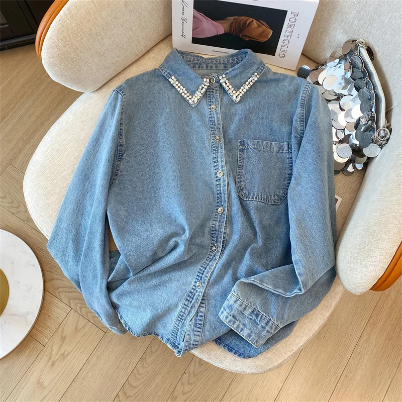 Women's Blue Cowboy Shirt with Collar and Long Sleeve Y2K Korean Edition Fashion Streetwear Design Sense Retro Shirt Top Clothes
Women's Blue Cowboy Shirt with Collar and Long Sleeve Y2K Korean Edition Fashion Streetwear Design Sense Retro Shirt Top Clothes