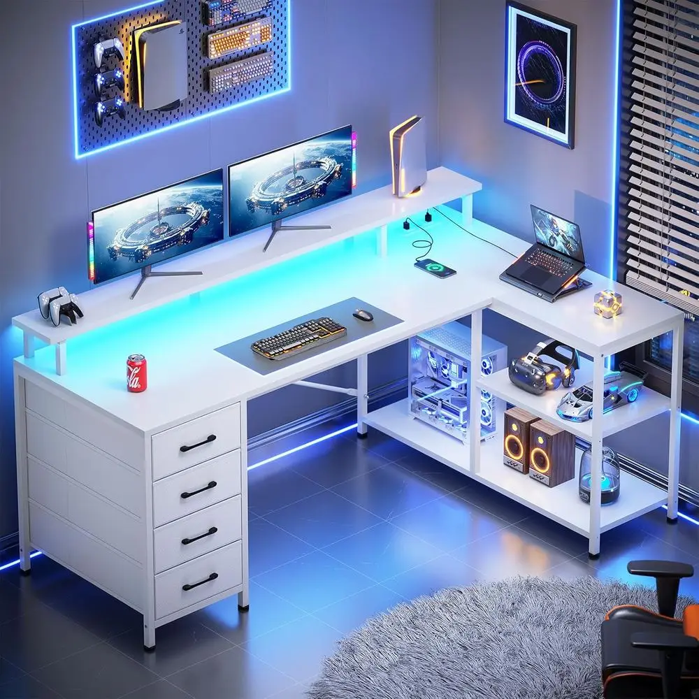 White L-Shaped Desk with 4 Drawers, Storage Shelves, LED Lights, and Power Outlets for Home Office Gaming
White L-Shaped Desk with 4 Drawers, Storage Shelves, LED Lights, and Power Outlets for Home Office Gaming