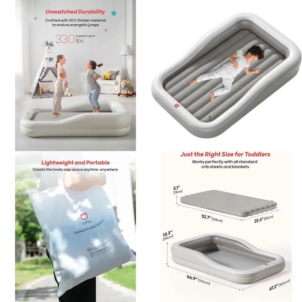 Portable Toddler Air Mattress with 3-Sided Safety Bumpers, Large Size, Detachable Mattress, Ideal for Travel, Camping, and Home
Portable Toddler Air Mattress with 3-Sided Safety Bumpers, Large Size, Detachable Mattress, Ideal for Travel, Camping, and Home