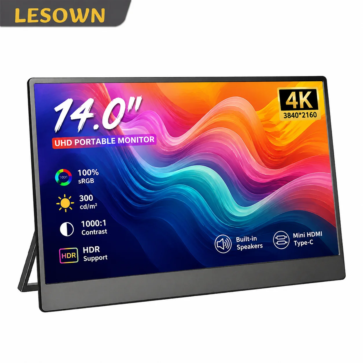 LESOWN 14.0" 4K UHD Portable External Monitor Plug&Play Kickstand mini HDTV VESA75 Type-C Dual Second Screen for Laptop Notebook
LESOWN 14.0" 4K UHD Portable External Monitor Plug&Play Kickstand mini HDTV VESA75 Type-C Dual Second Screen for Laptop Notebook