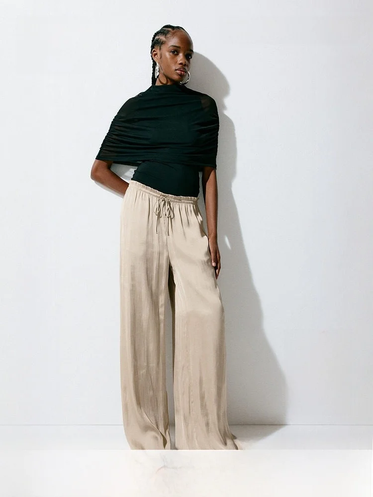 Summer New Women's Drawstring Design Silk Long Pants Casual Wide Leg Pants Loose Fit Natural Waist Polyester Fiber H&M
Summer New Women's Drawstring Design Silk Long Pants Casual Wide Leg Pants Loose Fit Natural Waist Polyester Fiber H&M