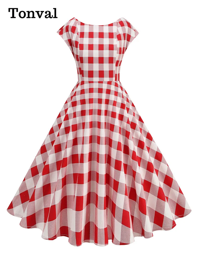 Tonval Red and White Gingham Vintage Party 1950s Clothes Rockabilly Dresses 2025 Women O-Neck Plaid Cotton Elegant Dress
Tonval Red and White Gingham Vintage Party 1950s Clothes Rockabilly Dresses 2025 Women O-Neck Plaid Cotton Elegant Dress