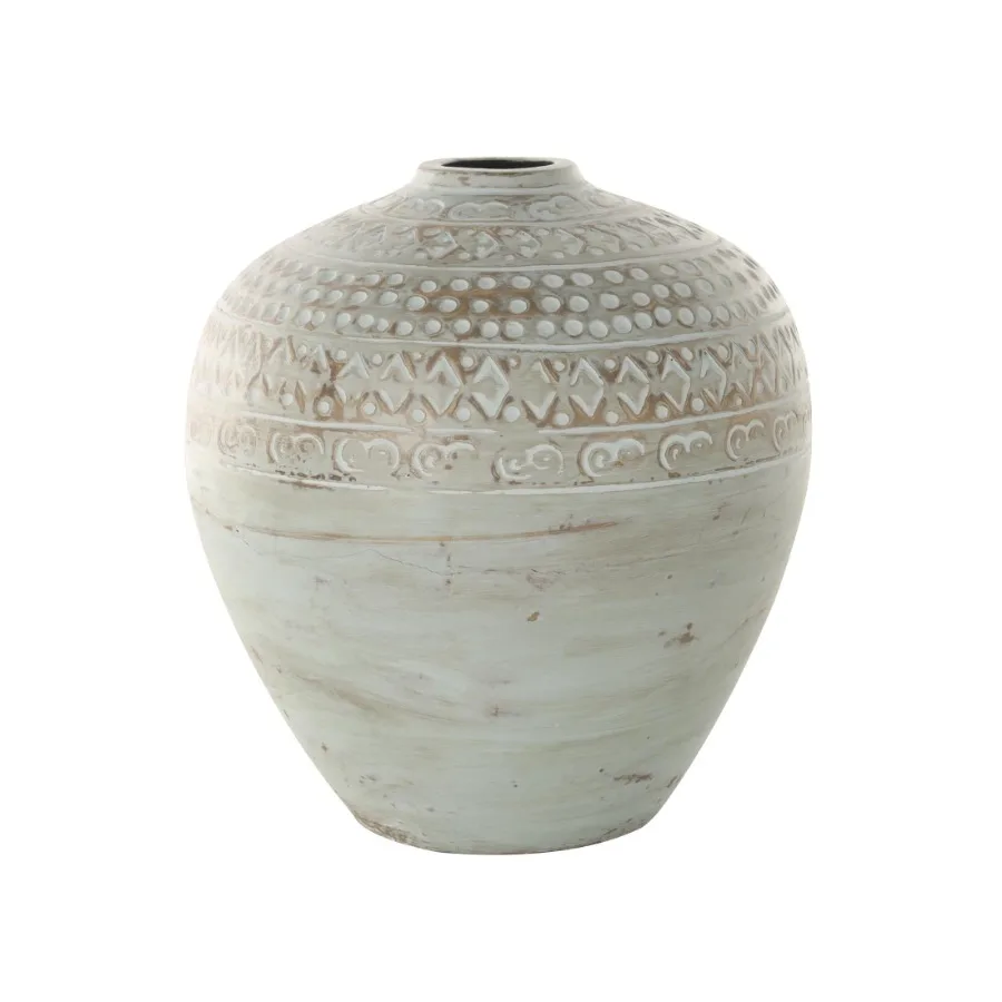 12" Handmade Antique Style Wide Rounded Green Ceramic Vase with Geometric Tribal Carvings
12" Handmade Antique Style Wide Rounded Green Ceramic Vase with Geometric Tribal Carvings