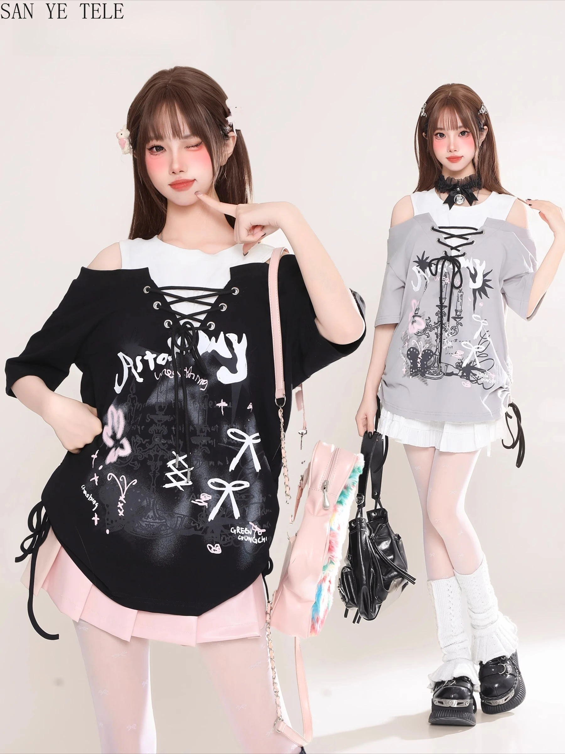 Korean Cute Bow Bandage Design T-shirt Women Y2k Fake 2Piece Hollow Shoulder Short Sleeved Tops American Vintage Gothic Pullover
Korean Cute Bow Bandage Design T-shirt Women Y2k Fake 2Piece Hollow Shoulder Short Sleeved Tops American Vintage Gothic Pullover