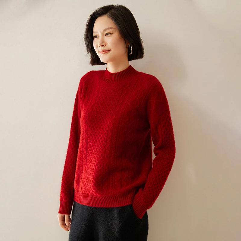 New Chic Women 100% Cashmere Sweater Cable Knitting Mock Neck Long Sleeve Pullover Autumn Winter Thick Soft Clothing Tops
New Chic Women 100% Cashmere Sweater Cable Knitting Mock Neck Long Sleeve Pullover Autumn Winter Thick Soft Clothing Tops