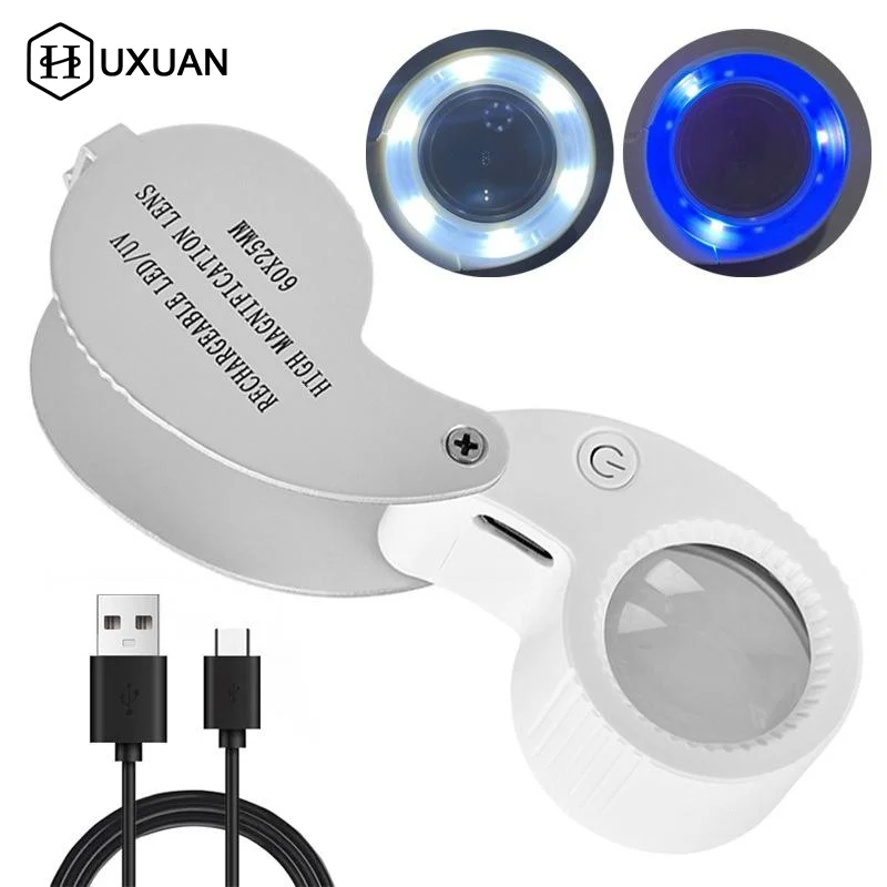 40X 60X Foldable Magnifying Glass With UV LED Light - Rechargeable Illuminated Magnifier For Jewelers Gems Coins
40X 60X Foldable Magnifying Glass With UV LED Light - Rechargeable Illuminated Magnifier For Jewelers Gems Coins