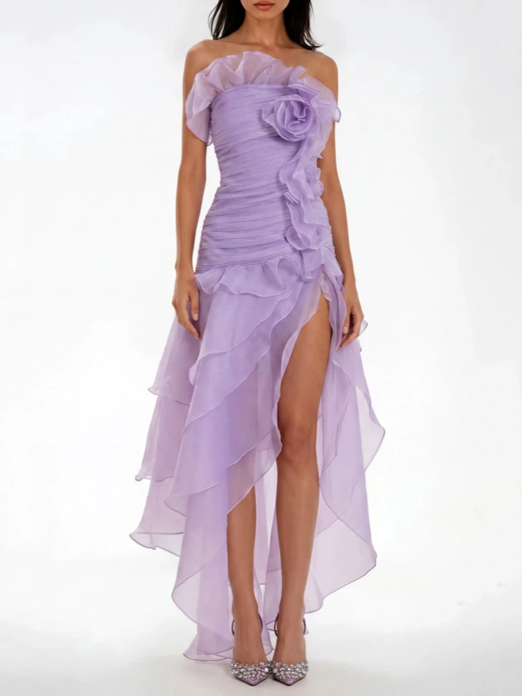 Summer Sexy Strapless Flower Ruch Ruffle Maxi Dress Women Purple Sleeveless Floral Ruffles Split Slim Dresses Party
Summer Sexy Strapless Flower Ruch Ruffle Maxi Dress Women Purple Sleeveless Floral Ruffles Split Slim Dresses Party