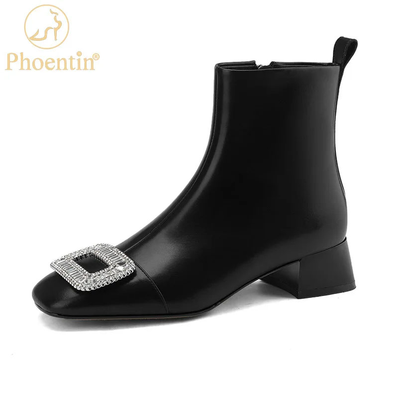 Phoentin rhinestone square button Ankle Boots Winter women's Genuine leather short boots mid heel Black shoes plus size FT2080
Phoentin rhinestone square button Ankle Boots Winter women's Genuine leather short boots mid heel Black shoes plus size FT2080