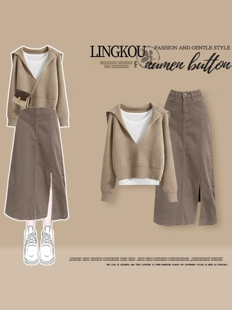 Soft Autumnal Denim Set Women's Anti-Aging Slimming Sweater Inner Vest with Slit Skirt Tee-Piece Ensemble High Waist
Soft Autumnal Denim Set Women's Anti-Aging Slimming Sweater Inner Vest with Slit Skirt Tee-Piece Ensemble High Waist