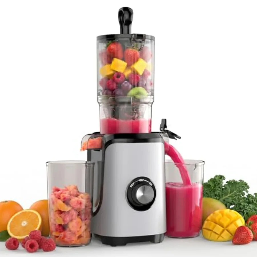 Slow masticating juicer for home use, stainless steel silver cold press juice extractor with 200W motor, safety lock and revers
Slow masticating juicer for home use, stainless steel silver cold press juice extractor with 200W motor, safety lock and revers