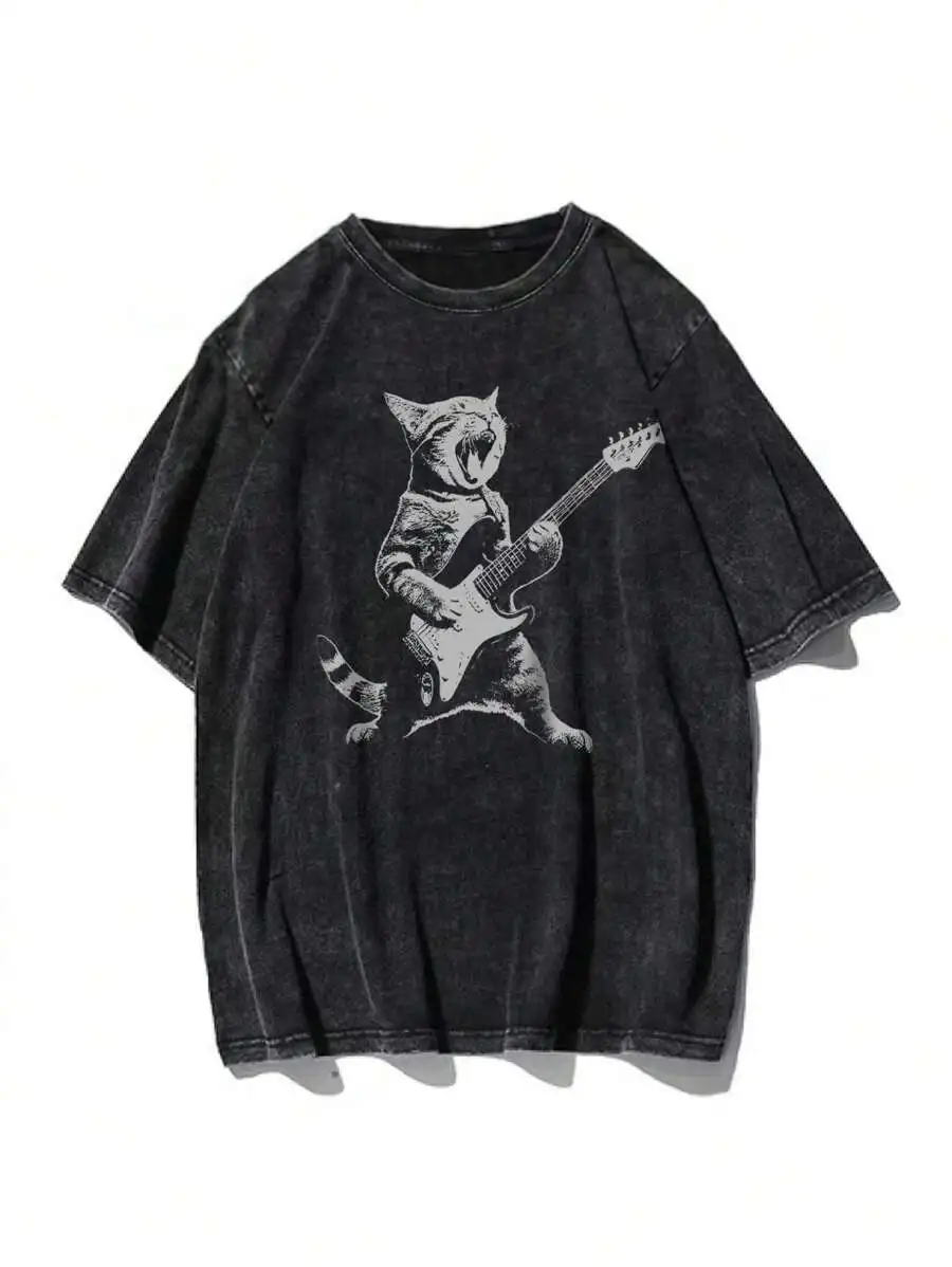 Mens Vintage Washed Drop Shoulder T-Shirt With Rock Cat Playing Guitar Graphic Print Casual Streetwear Tee
Mens Vintage Washed Drop Shoulder T-Shirt With Rock Cat Playing Guitar Graphic Print Casual Streetwear Tee