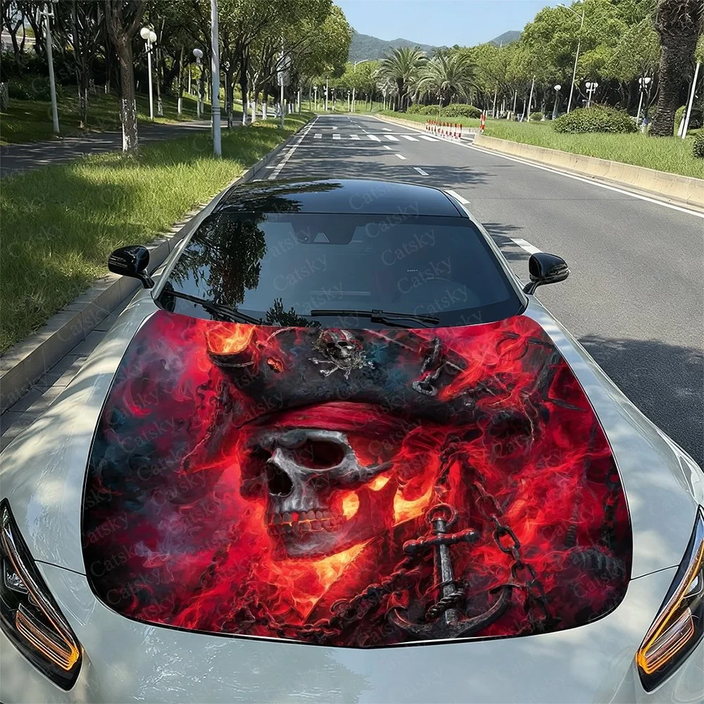 Flaming skull design with chains and anchor on car hood. Bold red and black artwork for a striking look. Perfect for car enthusi
Flaming skull design with chains and anchor on car hood. Bold red and black artwork for a striking look. Perfect for car enthusi