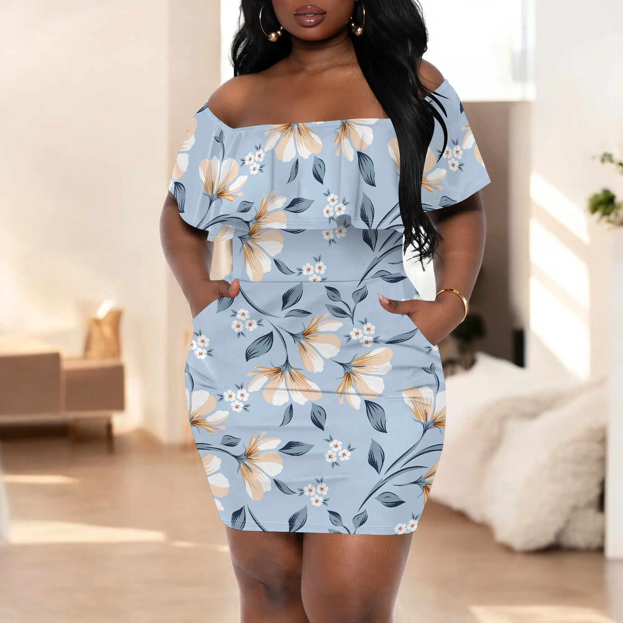 Women's Tight Hips-Wrapped Geometric Off-Shoulder Ruffle Sleeve Short Dress Vibrant Cultural Party Plus Size with pockets
Women's Tight Hips-Wrapped Geometric Off-Shoulder Ruffle Sleeve Short Dress Vibrant Cultural Party Plus Size with pockets
