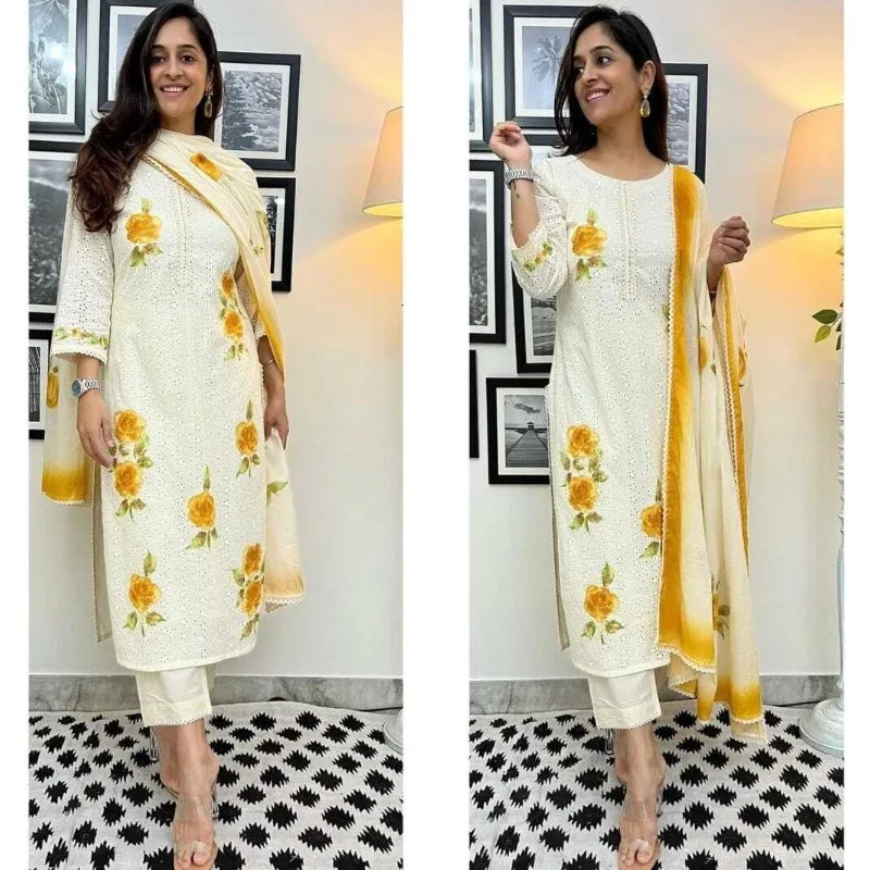 White Floral Chicken Cotton Embroidery Kurta Hand Printed Kurti Pants Dupatta
White Floral Chicken Cotton Embroidery Kurta Hand Printed Kurti Pants Dupatta