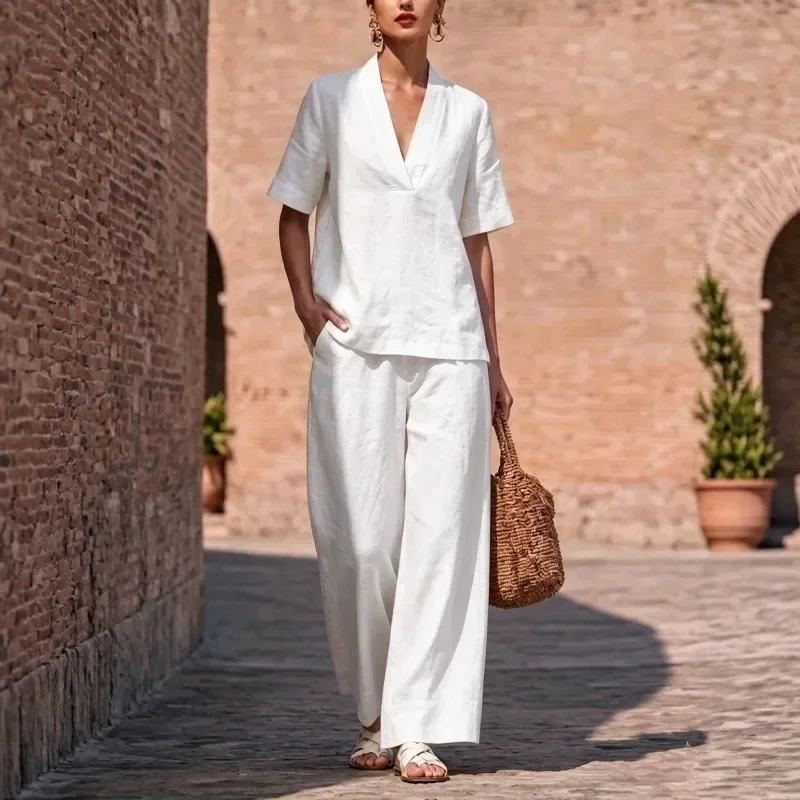 2026 V Neck Solid color Short sleeved Top & Wide Leg Pants Outfit Elegant Casual Fashion Office Summer Outfit Streetwear
2026 V Neck Solid color Short sleeved Top & Wide Leg Pants Outfit Elegant Casual Fashion Office Summer Outfit Streetwear