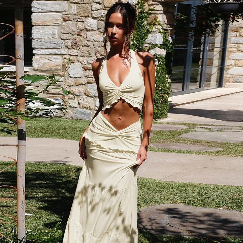 Sexy V-Neck Gown with Wood Grain Edge Hanging Neck Strap Twist Long Skirt Two-Piece Set Women's Fashion Elegant Draped Dress
Sexy V-Neck Gown with Wood Grain Edge Hanging Neck Strap Twist Long Skirt Two-Piece Set Women's Fashion Elegant Draped Dress