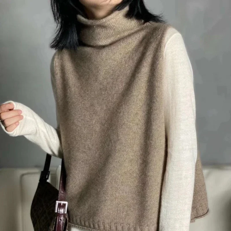 23 Autumn and winter turtleneck 100% wool vest ladies knitted loose sleeveless sweater cashmere wool armor solid color pullover
23 Autumn and winter turtleneck 100% wool vest ladies knitted loose sleeveless sweater cashmere wool armor solid color pullover