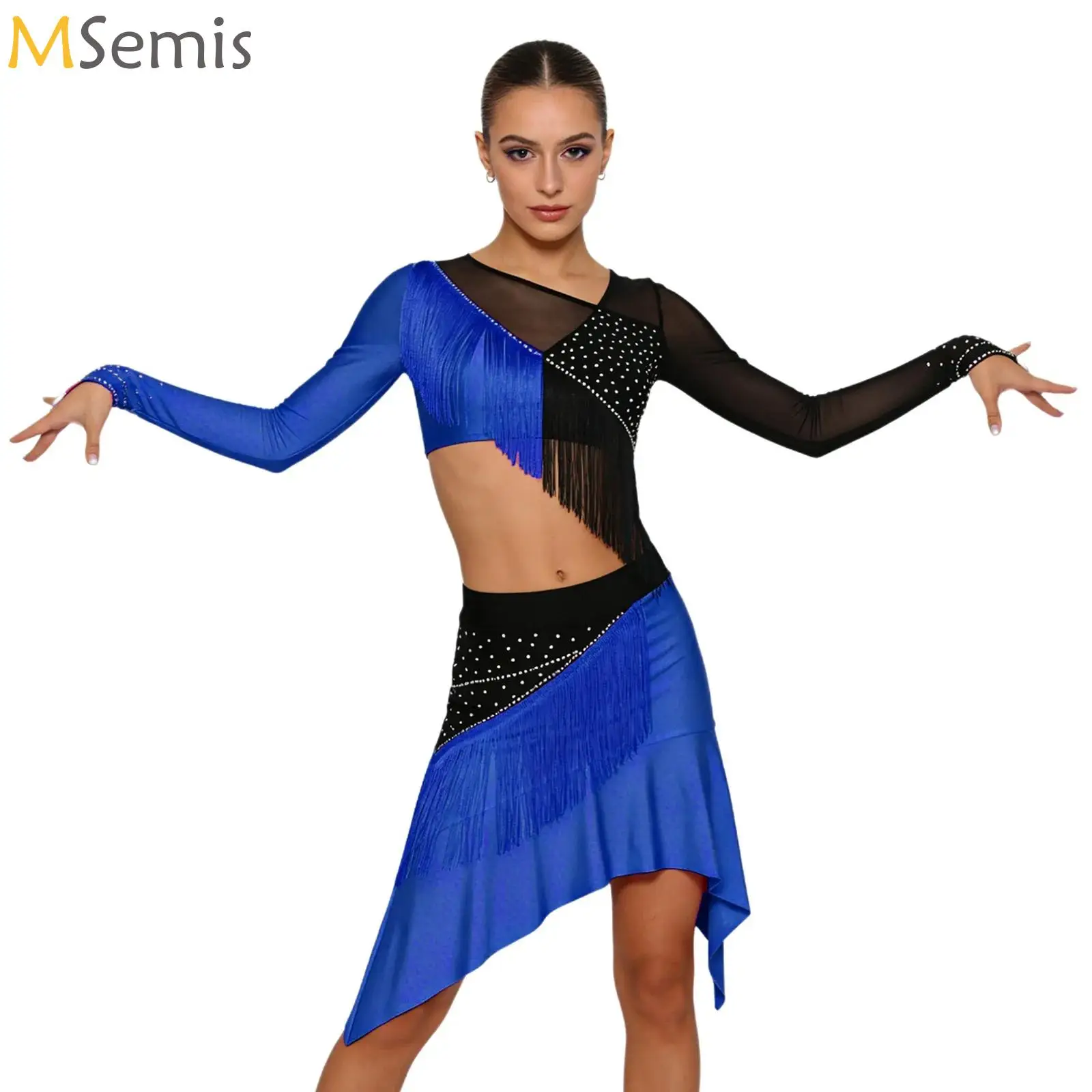 Womens Latin Dance Color Blocking Outfit Tassel Rhinestones Long Sleeve Mesh Crop Top and Skirt for Cha-cha Rumba Salsa Tango
Womens Latin Dance Color Blocking Outfit Tassel Rhinestones Long Sleeve Mesh Crop Top and Skirt for Cha-cha Rumba Salsa Tango