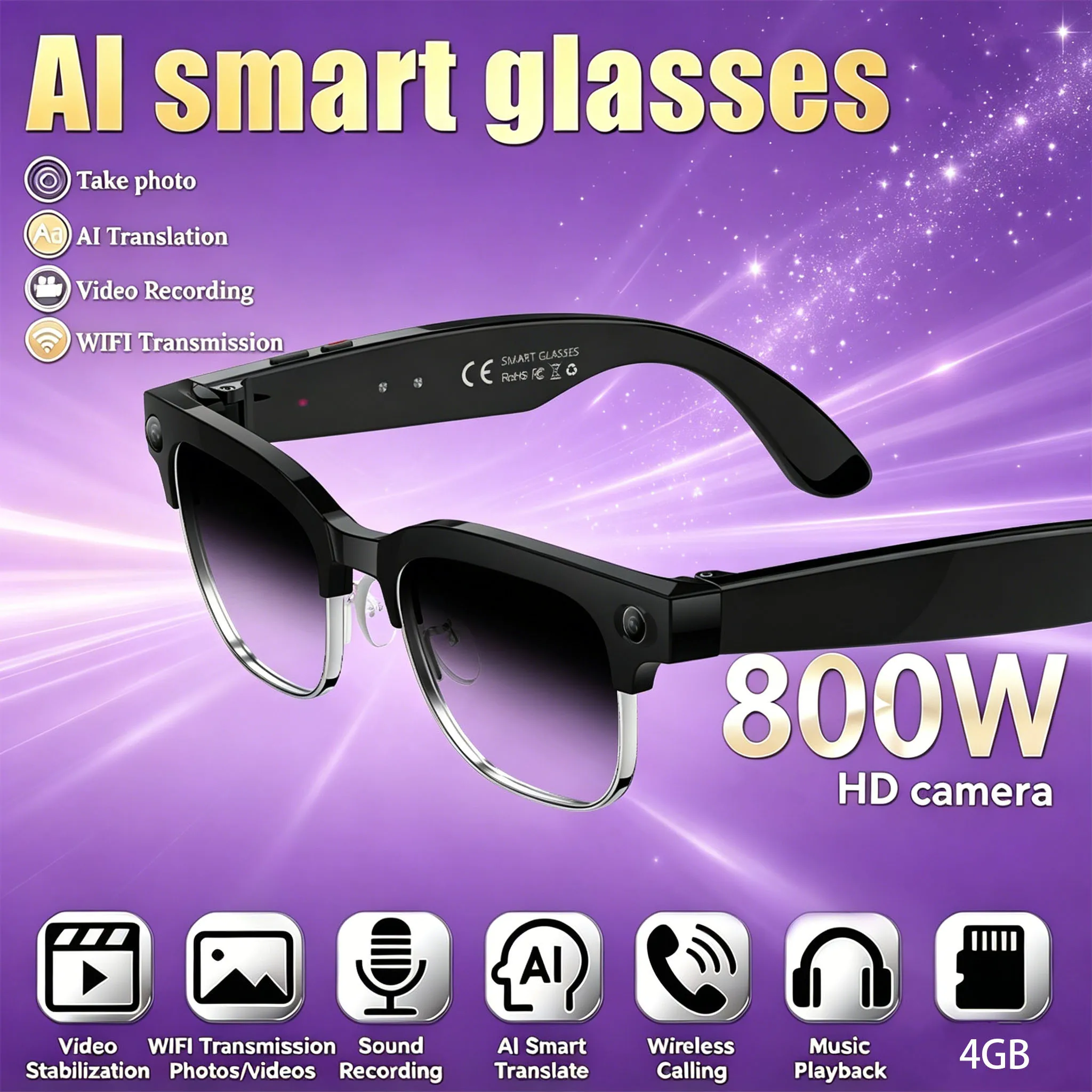 2026New 800W Pixel Camera Smart Glasses Men Video Recording AI Photo Recognition Bluetooth Call Voice Translation Sunglasses Man
2026New 800W Pixel Camera Smart Glasses Men Video Recording AI Photo Recognition Bluetooth Call Voice Translation Sunglasses Man