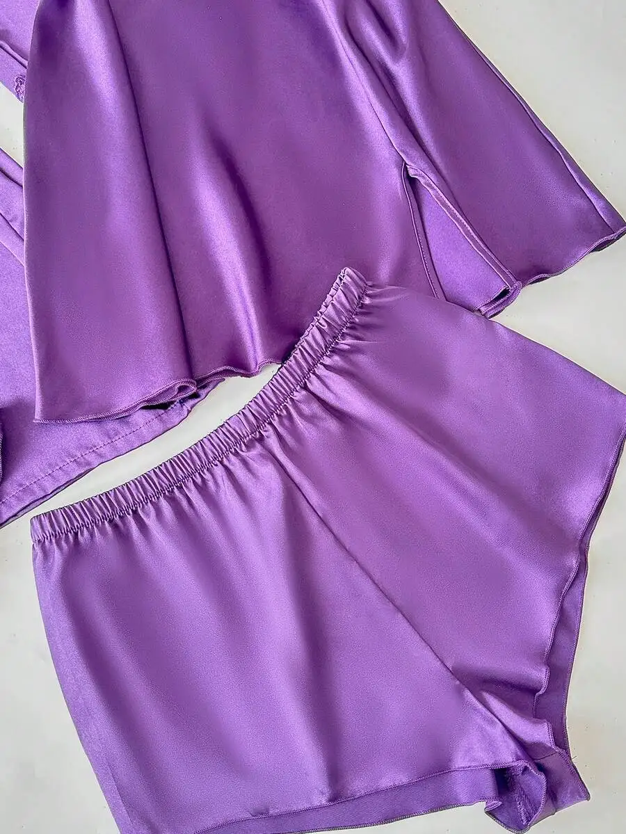 4-Piece Purple Faux Silk Sleep Set: V-Neck Camisole, Shorts, and Robe
4-Piece Purple Faux Silk Sleep Set: V-Neck Camisole, Shorts, and Robe