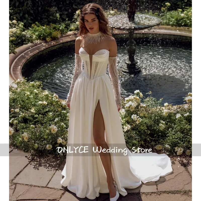 Glamorous Sweetheart Wedding Dresses A Line Stain Women Bridal Gown Side Slit Sweep Train Customized Vestidos De Mariee
Glamorous Sweetheart Wedding Dresses A Line Stain Women Bridal Gown Side Slit Sweep Train Customized Vestidos De Mariee