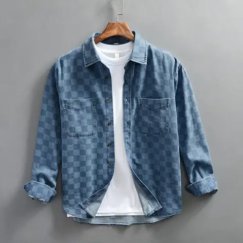 Camisas vaqueras a cuadros suaves para hombre, blusas de manga larga a la moda para primavera y otoño 2024 para hombres jóvenes, camisetas holgadas informales para hombre, camisa