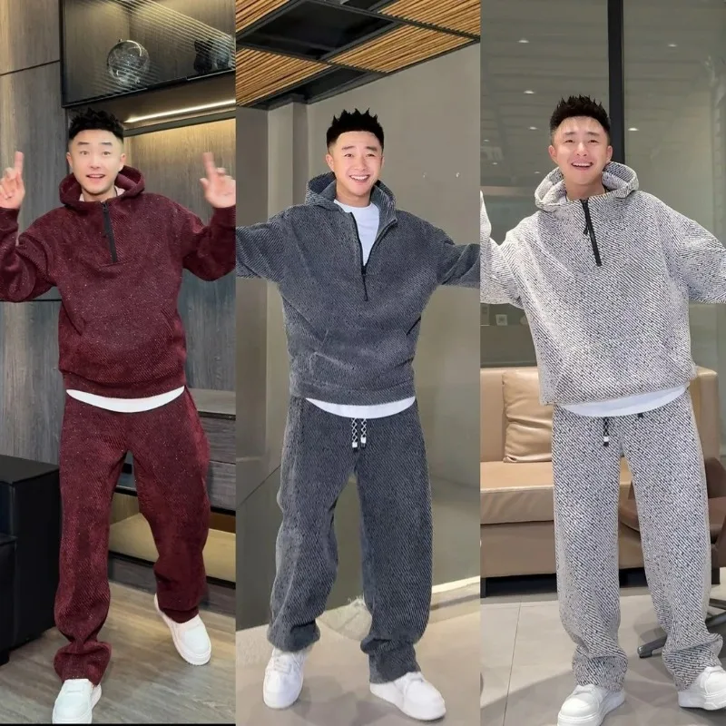 Winter Fleece Thickened Diagonal Strip Casual Suit Men High-end Laid-back Style Semi-zipper Hooded Sweatshirt Straight-leg Pants
Winter Fleece Thickened Diagonal Strip Casual Suit Men High-end Laid-back Style Semi-zipper Hooded Sweatshirt Straight-leg Pants
