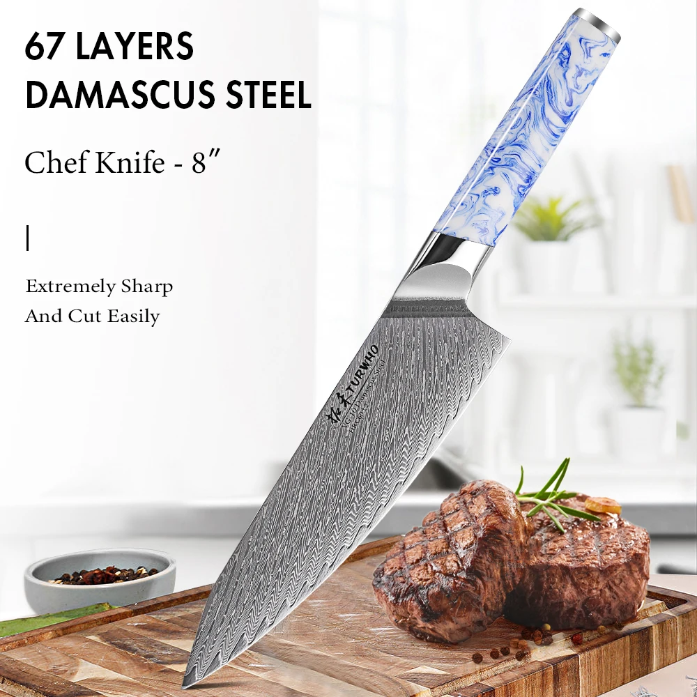TURWHO 8" Japanese Chef Knife Damascus Steel Kitchen Knife Slicing Meat Vegetable Sharp Professional Cooking Tools Resin Handle
TURWHO 8" Japanese Chef Knife Damascus Steel Kitchen Knife Slicing Meat Vegetable Sharp Professional Cooking Tools Resin Handle