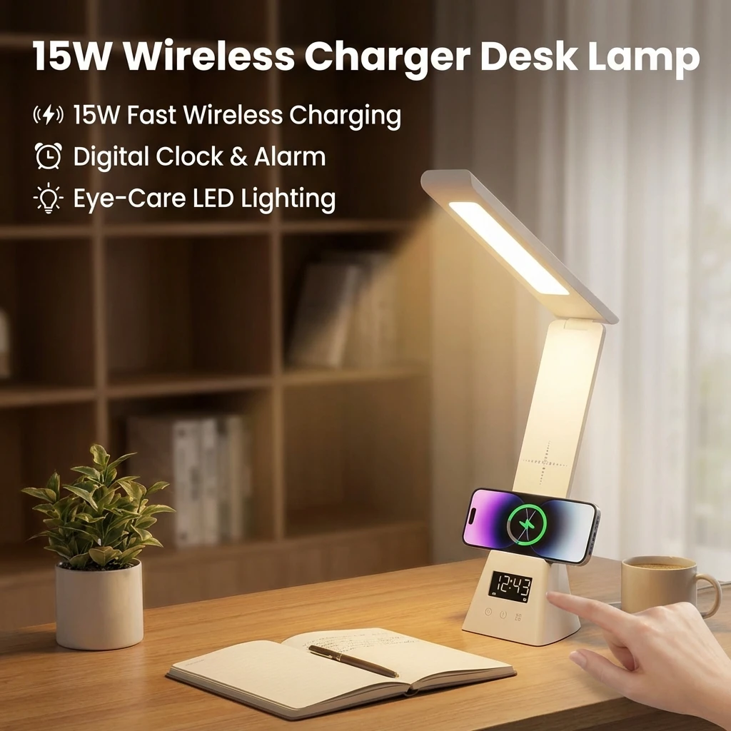 3-in-1 LED Desk Lamp 15W Wireless Charger Alarm Clock Foldable Dimmable Eye-Care Reading Light for Home Office Study Bedside
3-in-1 LED Desk Lamp 15W Wireless Charger Alarm Clock Foldable Dimmable Eye-Care Reading Light for Home Office Study Bedside