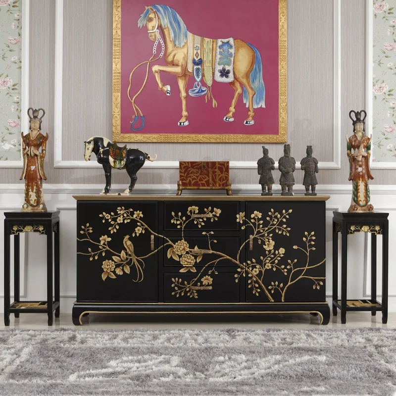 French retro Chinese black gold painting 1.8m large hall porch furniture villa living room solid wood sideboard.
French retro Chinese black gold painting 1.8m large hall porch furniture villa living room solid wood sideboard.