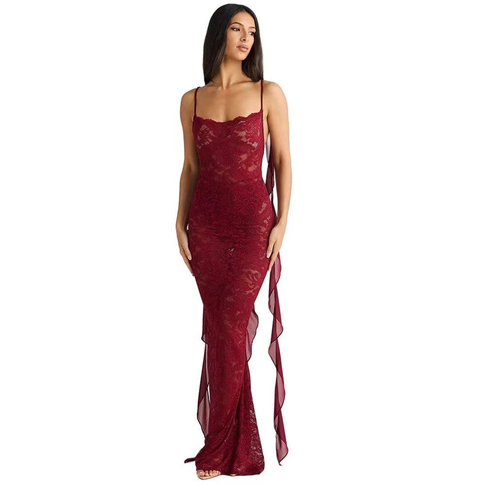 European and American Clothing Lace See-Through Long Skirt Sexy Suspender Backless Ribbon Tail Dress
European and American Clothing Lace See-Through Long Skirt Sexy Suspender Backless Ribbon Tail Dress