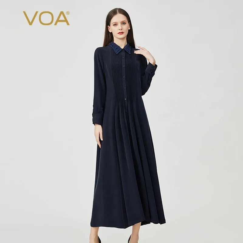 VOA Fashion Appliques Polo-Neck Navy Silk Woman Dress Autumn New Office Long Sleeves Single-Breasted Elegant Long Dresses AE1056
VOA Fashion Appliques Polo-Neck Navy Silk Woman Dress Autumn New Office Long Sleeves Single-Breasted Elegant Long Dresses AE1056