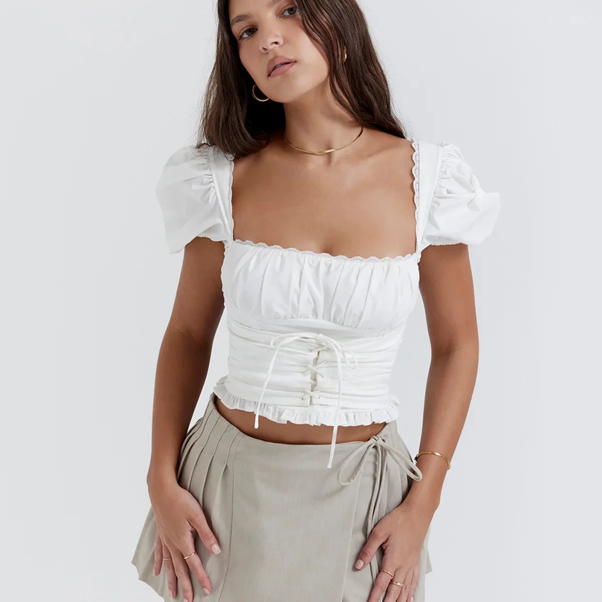 Suninheart Summer White Crop Top Y2k Mini Cute Lace Up Puff Sleeve Tops Casual Holiday Vacation Blouse Women Tops 2023
Suninheart Summer White Crop Top Y2k Mini Cute Lace Up Puff Sleeve Tops Casual Holiday Vacation Blouse Women Tops 2023